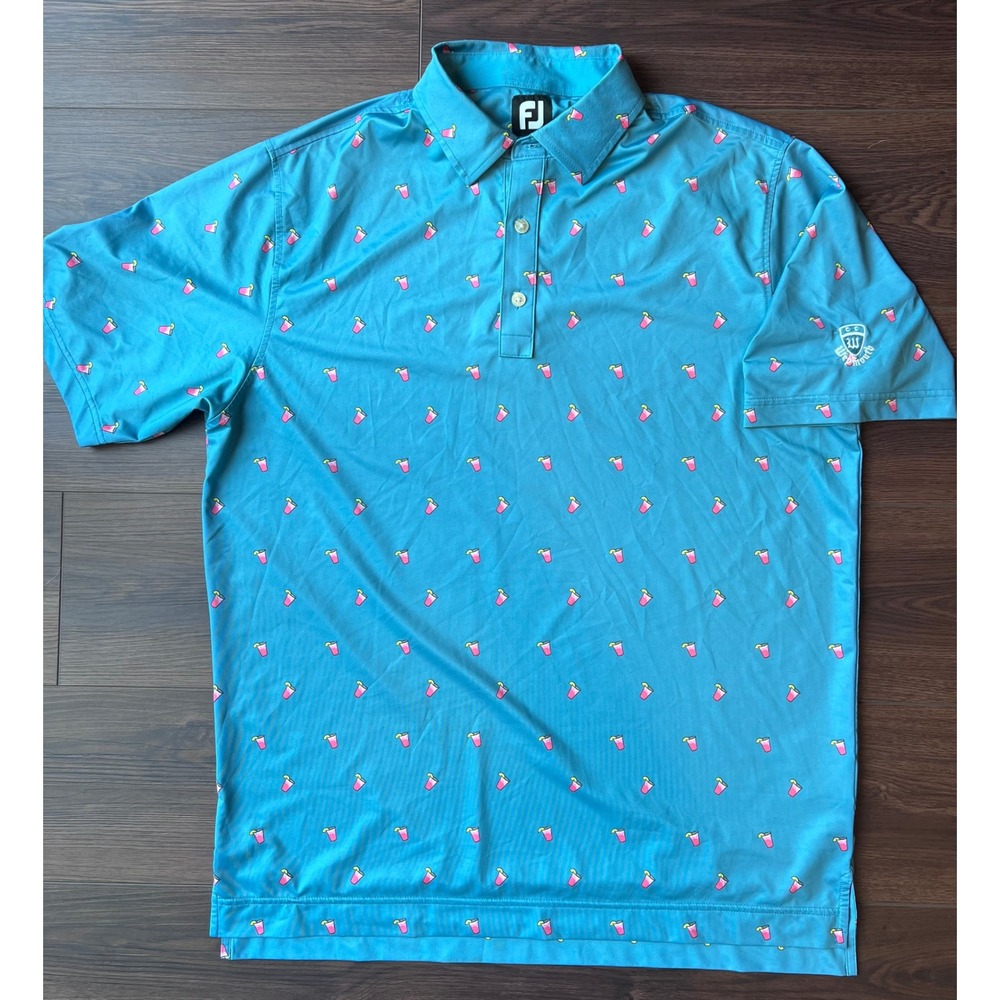 FootJoy Mens Teal Pink Cocktail Print Golf Polo Shirt Weymouth Country Club L